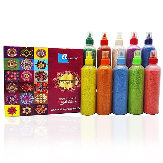 Ascension Rangoli Powder Colors Bottles Design Creativity Diwali Floor Ceramic Colours Rangoli Color Powder Rang for Navratri Pongal Pooja Mandir (Set of 10) (Pack of 1) at Rs. 159