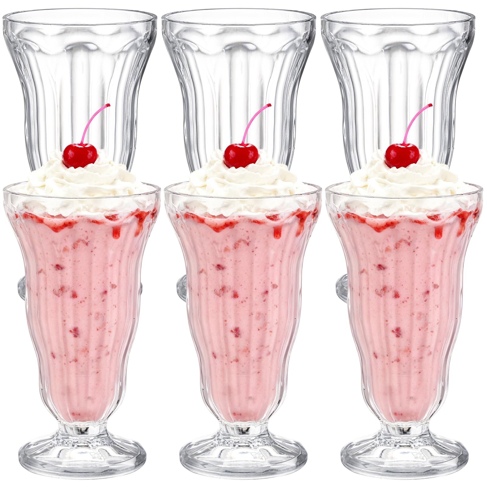 6 Pack Acrylic Milkshake Glasses, 15 OZ Plastic Old Fashioned Soda Glass, Shatterproof Footed Ice Cream Cups, Clear Pina Colada Fountain Glasses, Great for Juice, Tropical Drinks, Party