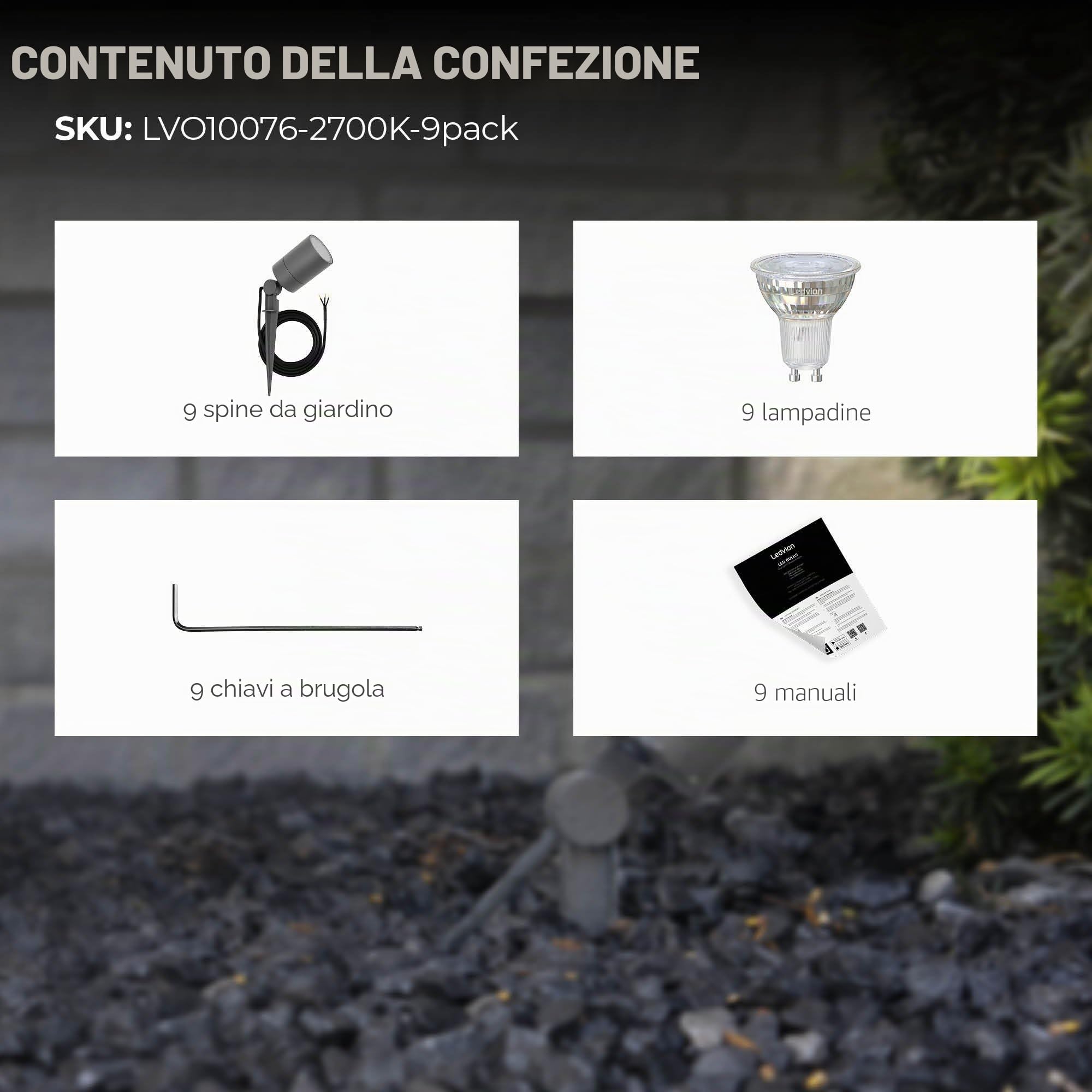 Ledvion 9 pezzi Faretti Esterno Lampade IP65 3W 2700K GU10 picchetto | Per giardino terrazza vialetto aiuole e luce decorativa esterna