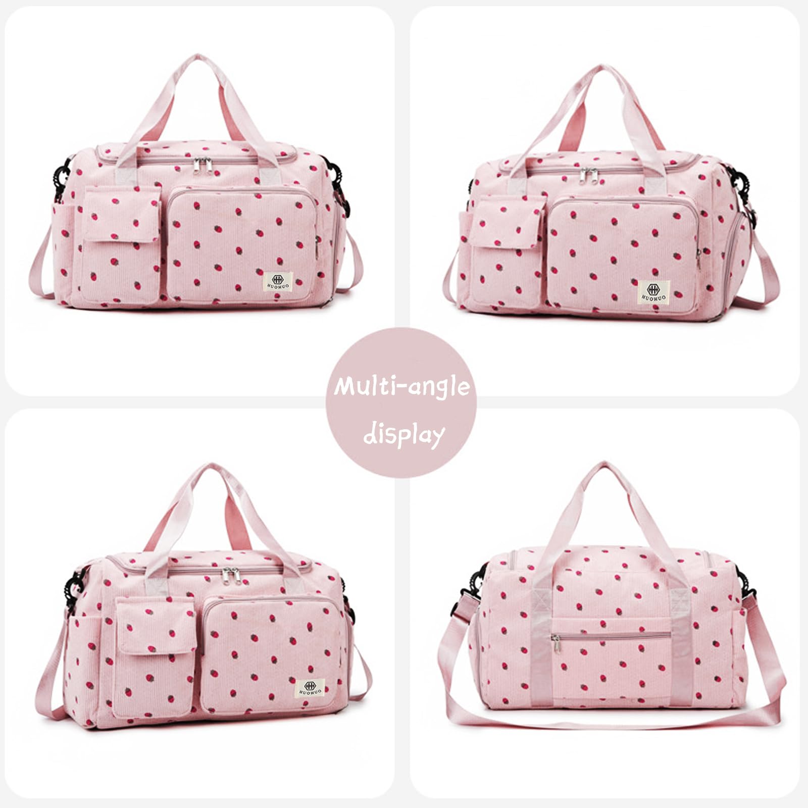 Borsone da Viaggio da Donna, Fragola Borsa Sportiva Donna in Velluto a Coste, Borsa Sportiva con Scomparto per Scarpe, Scomparto Umido and Portafoglio Piccolo, per Notte Weekender
