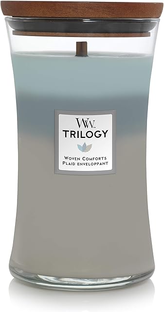 Woodwick Hourglass Scented Trilogy Candle with Pluswick Innovation, Woven Comforts, Grey, Clear, BrownLarge