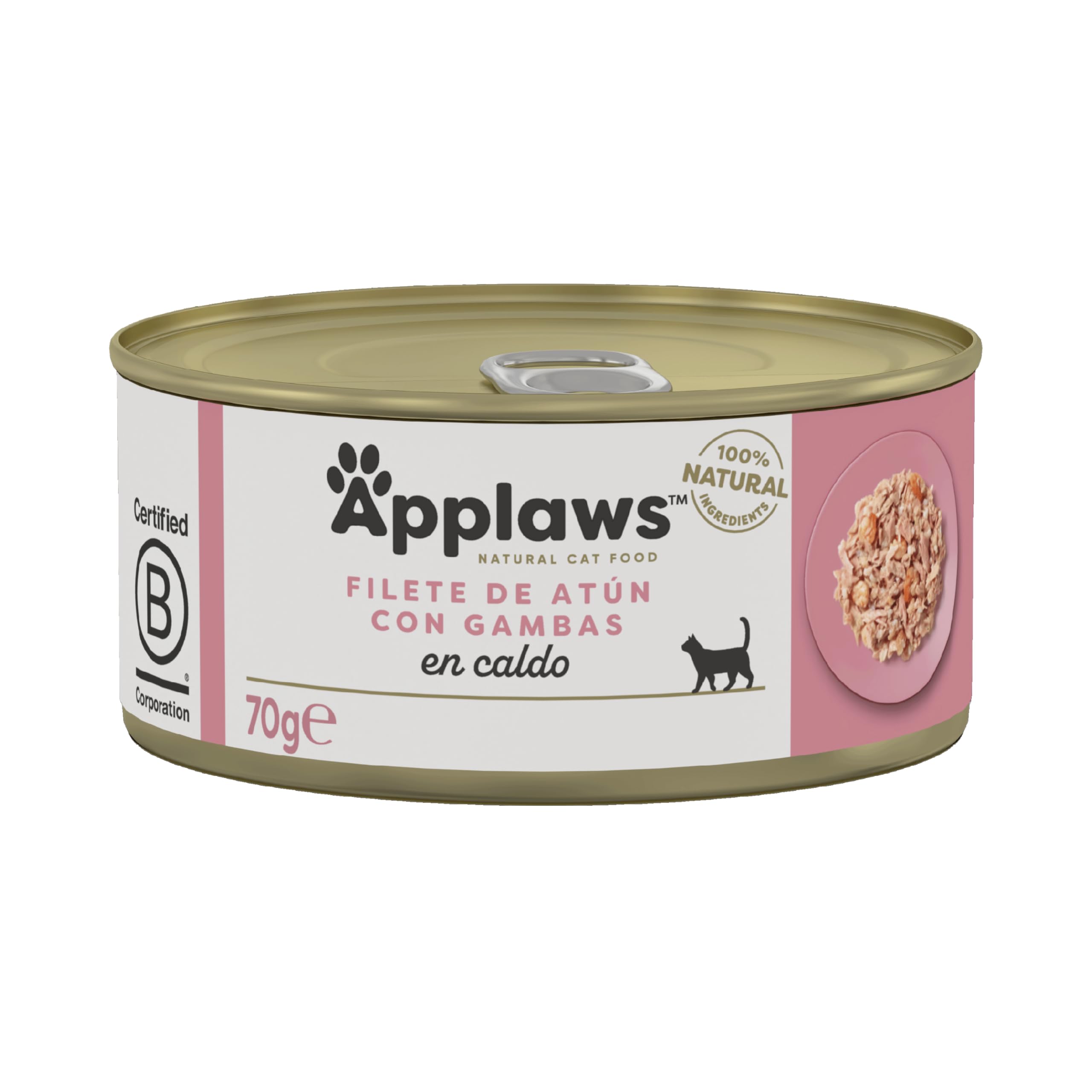 Applaws 100% Natural Comida Húmeda para Gatos Adultos - Filete de Atún y Camarón en Caldo - Paquete de 24 latas de 70g