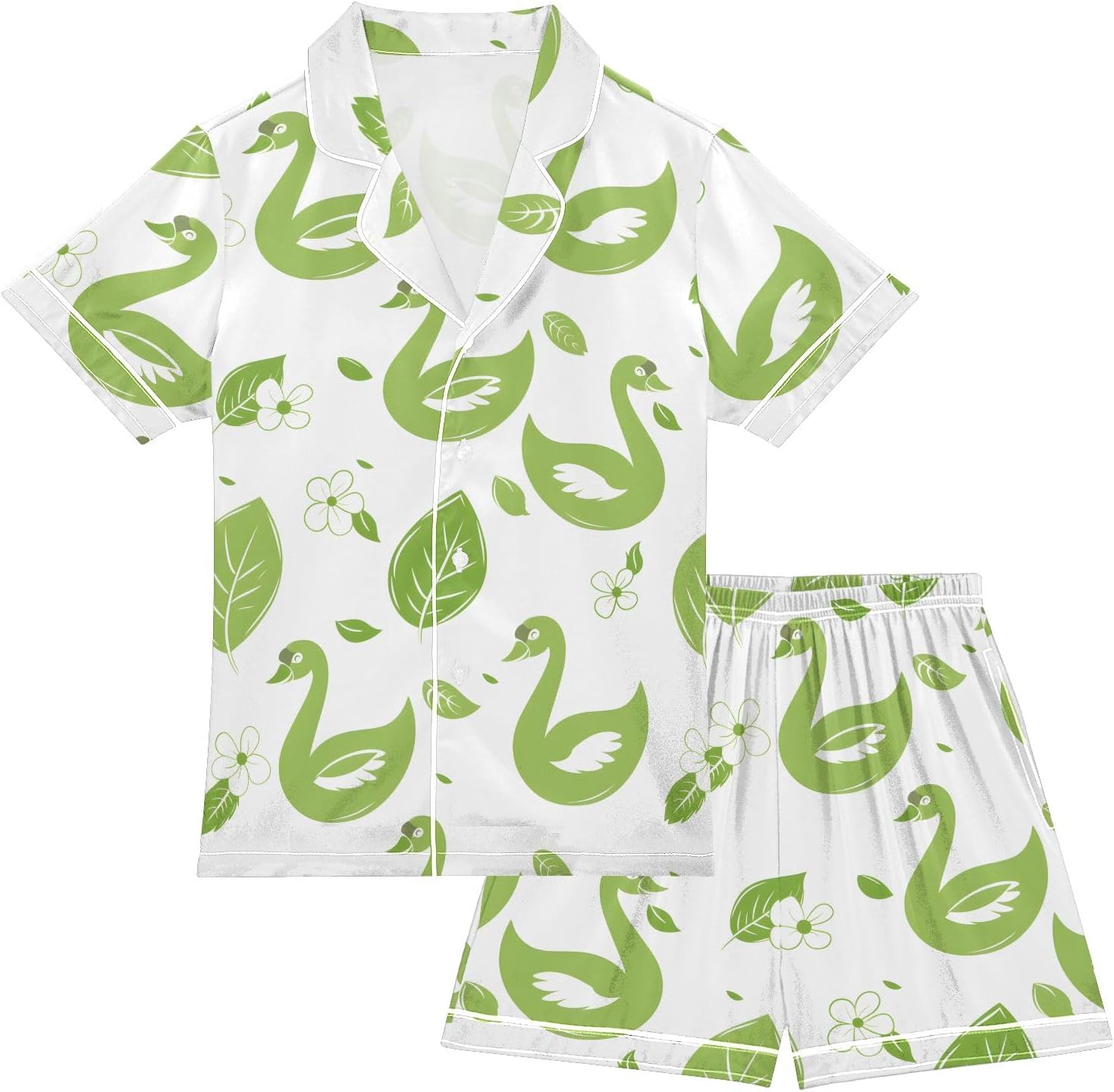 Kids Satin Wear Set Green Swans with Leaves and Flowers Pattern Relaxed Fit Clothing Short Sleeve and Shorts