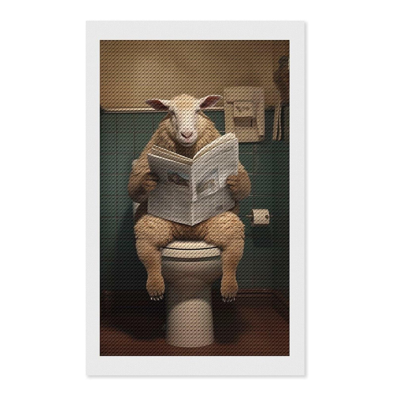 Junmoney Sheep on Toilet Newspaper DIY Diamond Art Canvas Kit 12"x20", Decorate Your Room, Sparkling Round Gems, Fun Craft Experience, Farmhouse Decor