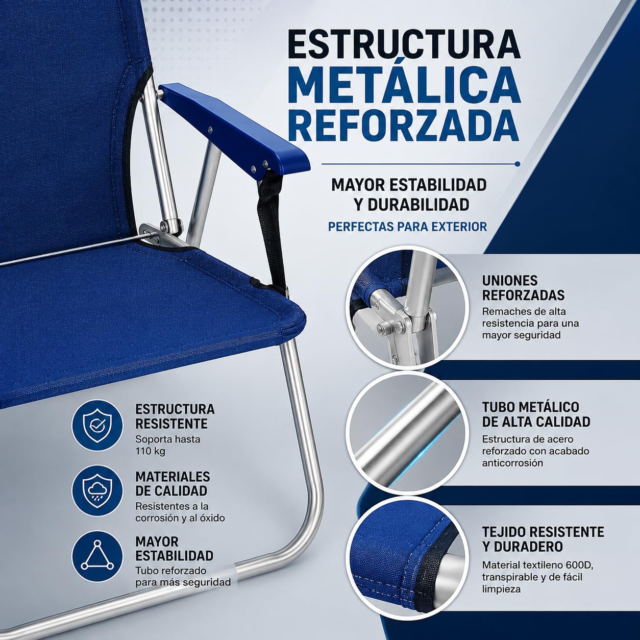 TIENDA EURASIA – Pack de 2 Sillas de Playa Plegables | Ligeras y Portátiles con Asa de Transporte | Estructura Metálica Resistente | 1 Posición Fija | Ideales para Playa y Exterior (Azul y Verde)
