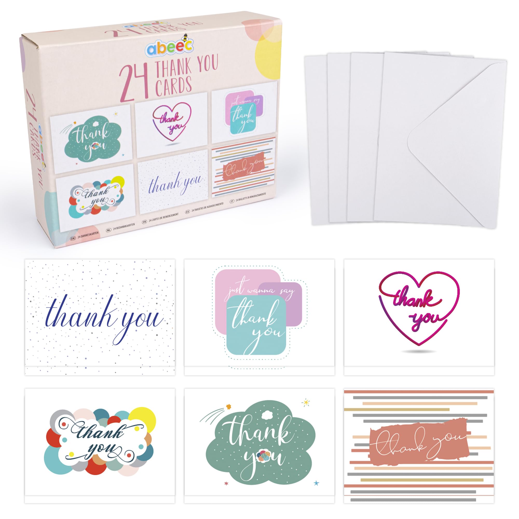 abeec 24 Thank You Cards with Envelopes, Multi, 10.5 x 14.8 cm