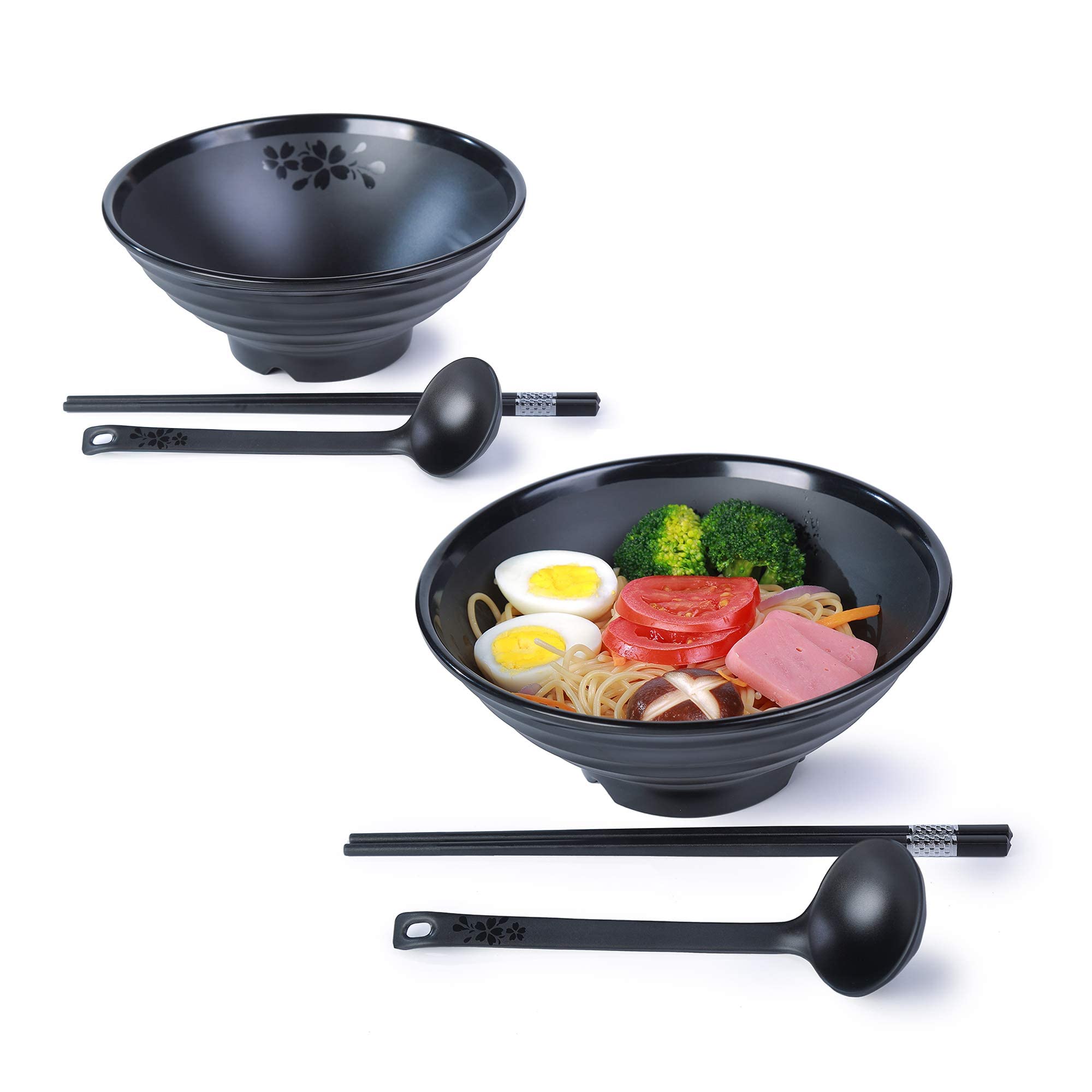 KASTWAVE Melamine Ramen Bowl Set, 41oz Japanese Style Soup Bowls with Chopsticks and Spoons, for Noodles,Soba, Udon, 2 Sets (8.8 inch,Black)