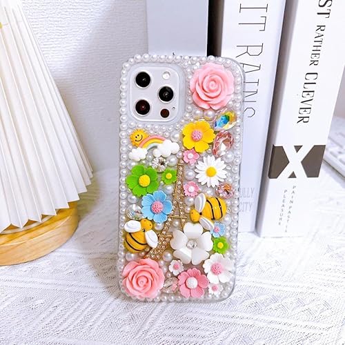 Miniatura 6 de Funda con purpurina para iPhone 11, diamantes de imitación de lujo, con diamantes de imitación de abeja, torre arco iris, perla, 3D, hecha a mano,