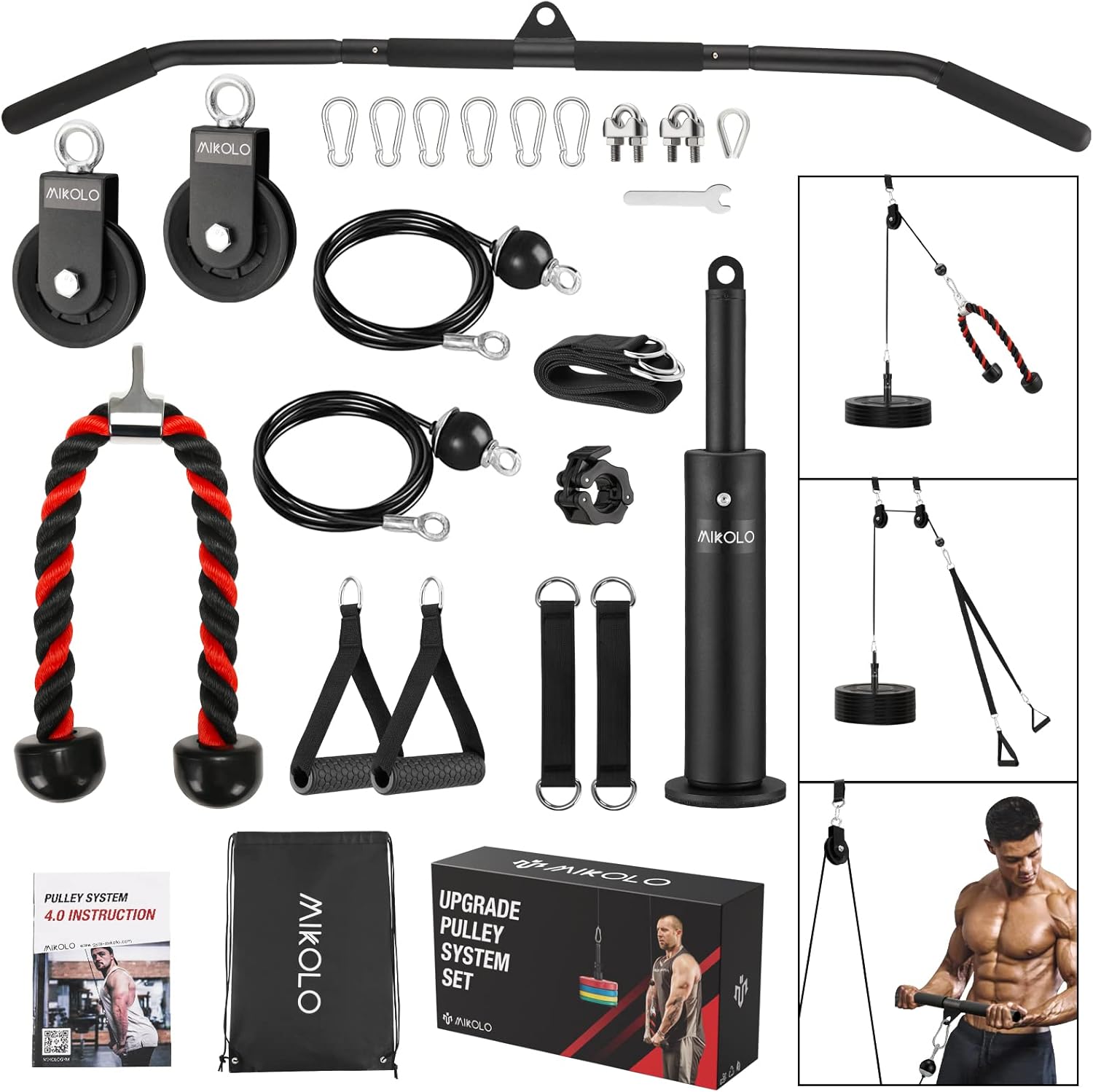 Mikolo Upgraded Weight Lift Pulley System - LAT Pulley Attachments with Adjustable Length Cable for Full Body Training