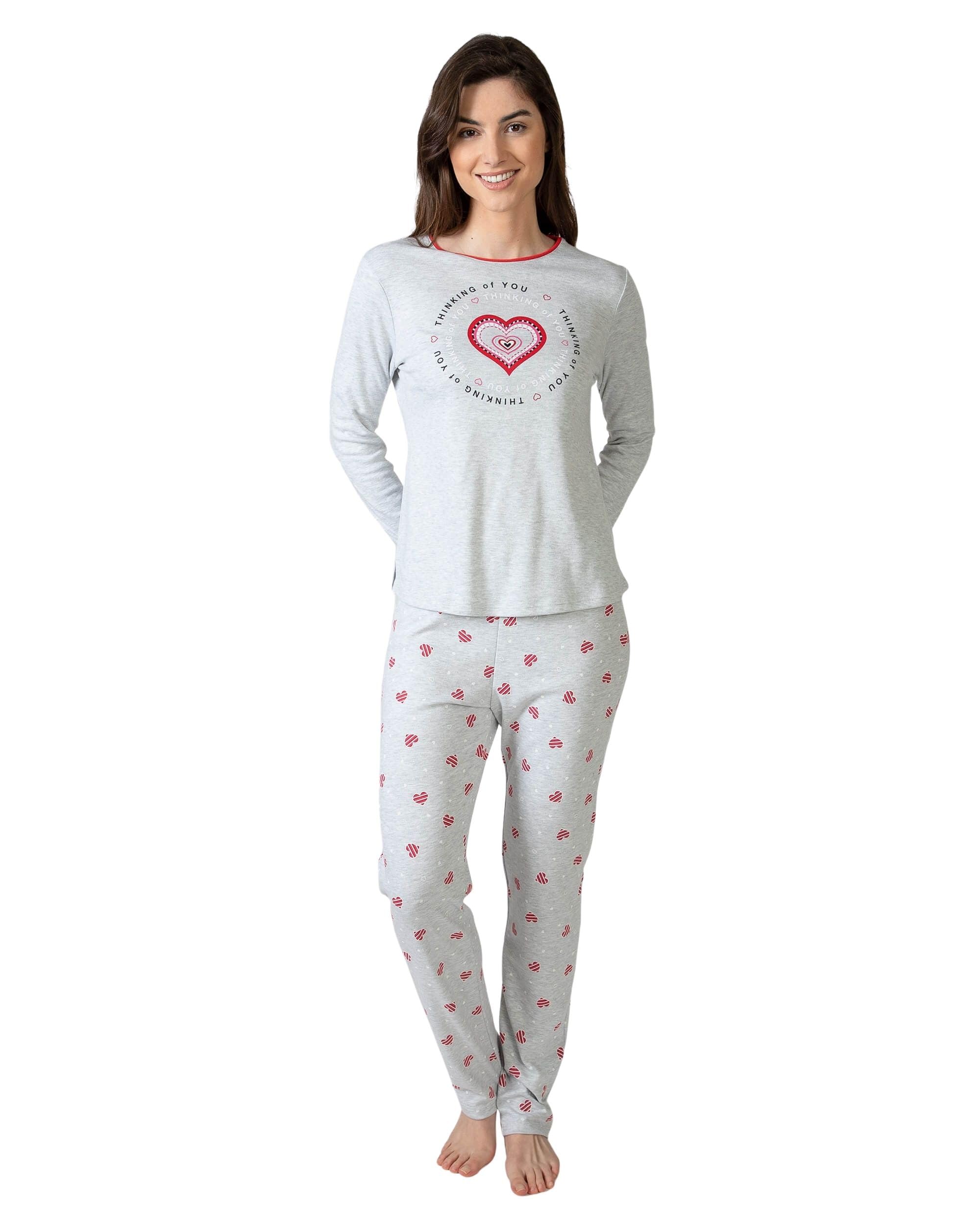 MASSANA Pijama de Invierno para Mujer P751206, Conjunto de Manga Larga con Estampado de Corazones, Gris y Rojo, 50% Algodón 50% Poliéster