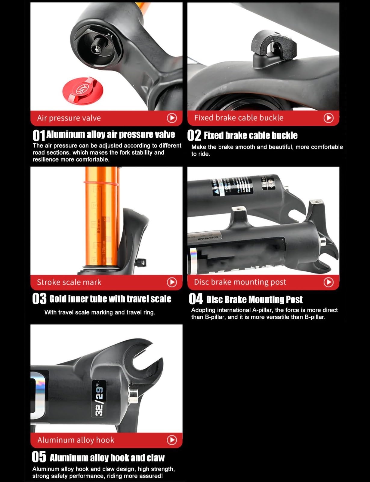 Widelec amortyzowany MTB 26/27,5/29, amortyzator ze stopu aluminium, podróż 120 mm, 28,6 mm prosta rura/stożkowa, ręczna blokada podróży, 9 mm QR XC przedni widelec do roweru górskiego