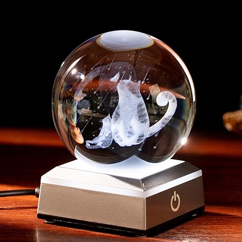 ERWEI Bola de cristal de gato 3D con base iluminada, regalos de gato para mujeres, amantes de los gatos, bola de vidrio decorativa con luz nocturna,