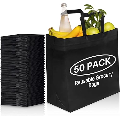 Simply Cool 50 Pack Black Reusable Eco-Friendly Large Grocery Shopping Bags 14.5"x14"x6.6" Durable Recyclable Washable Foldable Portable Tote Bags Bulk