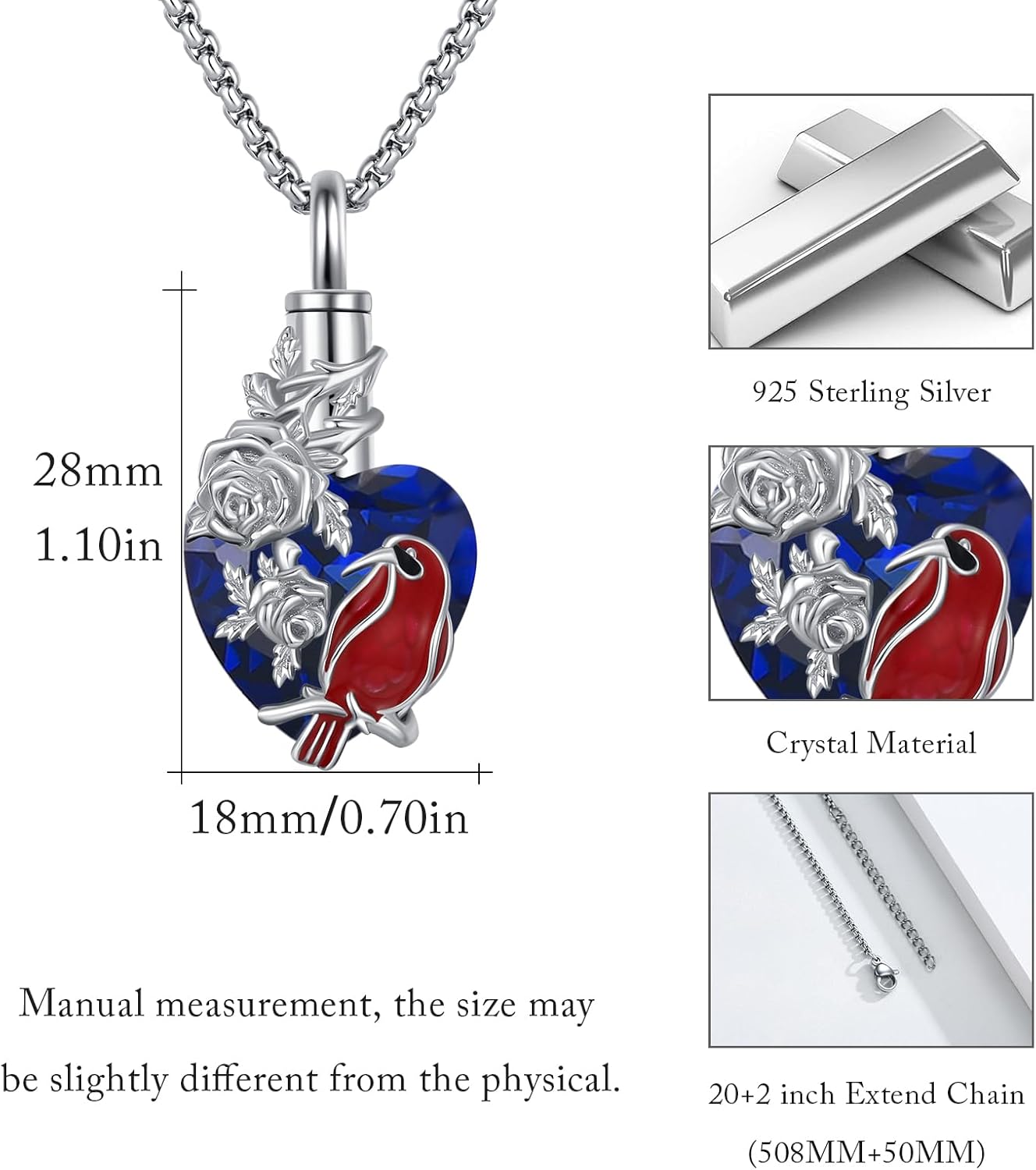 Cardinal Memorial Urn Necklace 925 Sterling Silver Cremation Pendant with Enamel Color, for Ashes Keepsake Jewelry Gift for Women Men (Cardinal) - Image 4