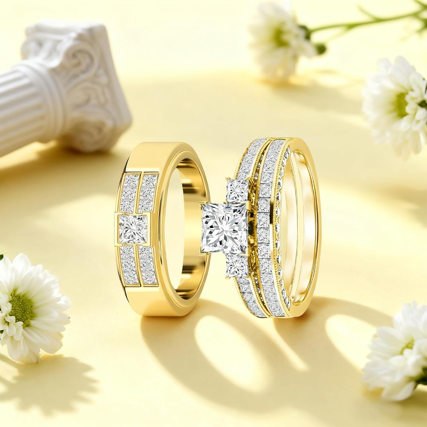 10K 14K 18K Real Gold Couple Wedding Ring Set for Her and Him 925 Silver Matching Wedding Bands Ring Couple Engagement Rings Set 1-3ct Moissanite Men and Women Bridal Rings Sets Free Engraving 3pcs