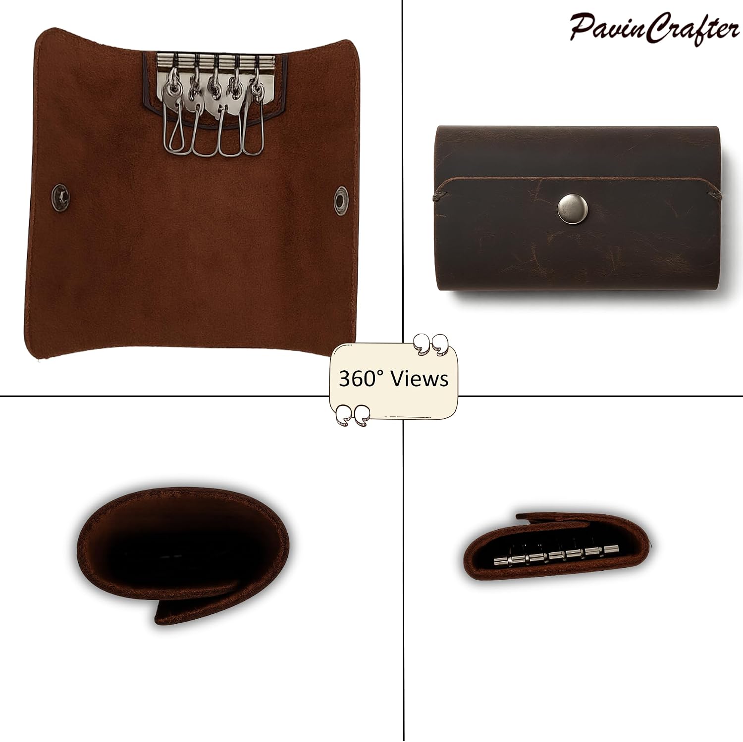 Leather Key Sleeve Genuine Leather Key Holder for Men & Women, 6 Key Hooks, Snap Button Closure, Compact Key Organizer, Keychain Holder, Key Wallet, Brown Leather Key Case