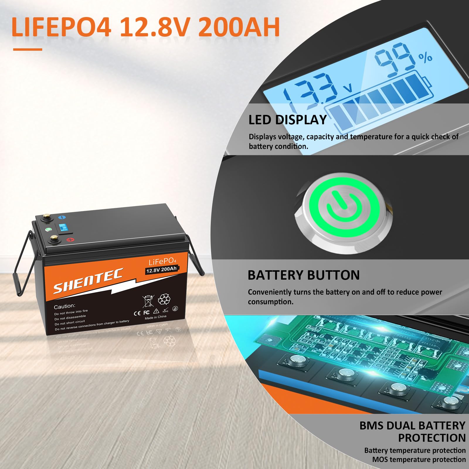 Shentec Lifepo4 12V 200Ah batería Solar de Litio con BMS 200A, 200A Corriente máxima, 5000+ ciclos. Batería de Salida LiFePO4 para campistas, Camping, Motores electrónicos, Barcos