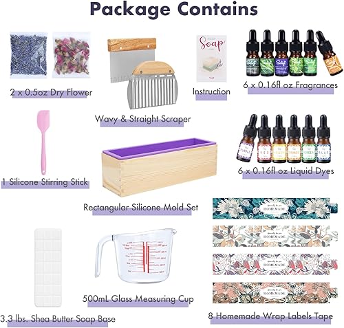 Miniatura 2 de Kit de fabricación de jabón de bricolaje, suministros para hacer jabón con base de jabón de 3.3 libras, taza medidora de vidrio, tintes líquidos,
