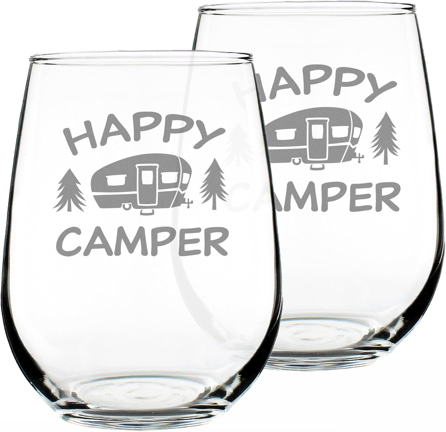 Bevvee Happy Camper - Funny Stemless Wine Glass - Camping Gifts - Large Glasses - Set of 2 - Fun RV Accessories for Women and Men