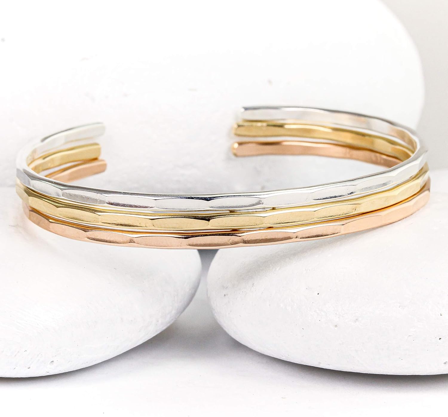 Hammered Signature Cuff in Solid Sterling Silver, Gold, and Rose Gold Fill; Handmade and Hand Textured Bracelet for Women by Lotus Stone Design
