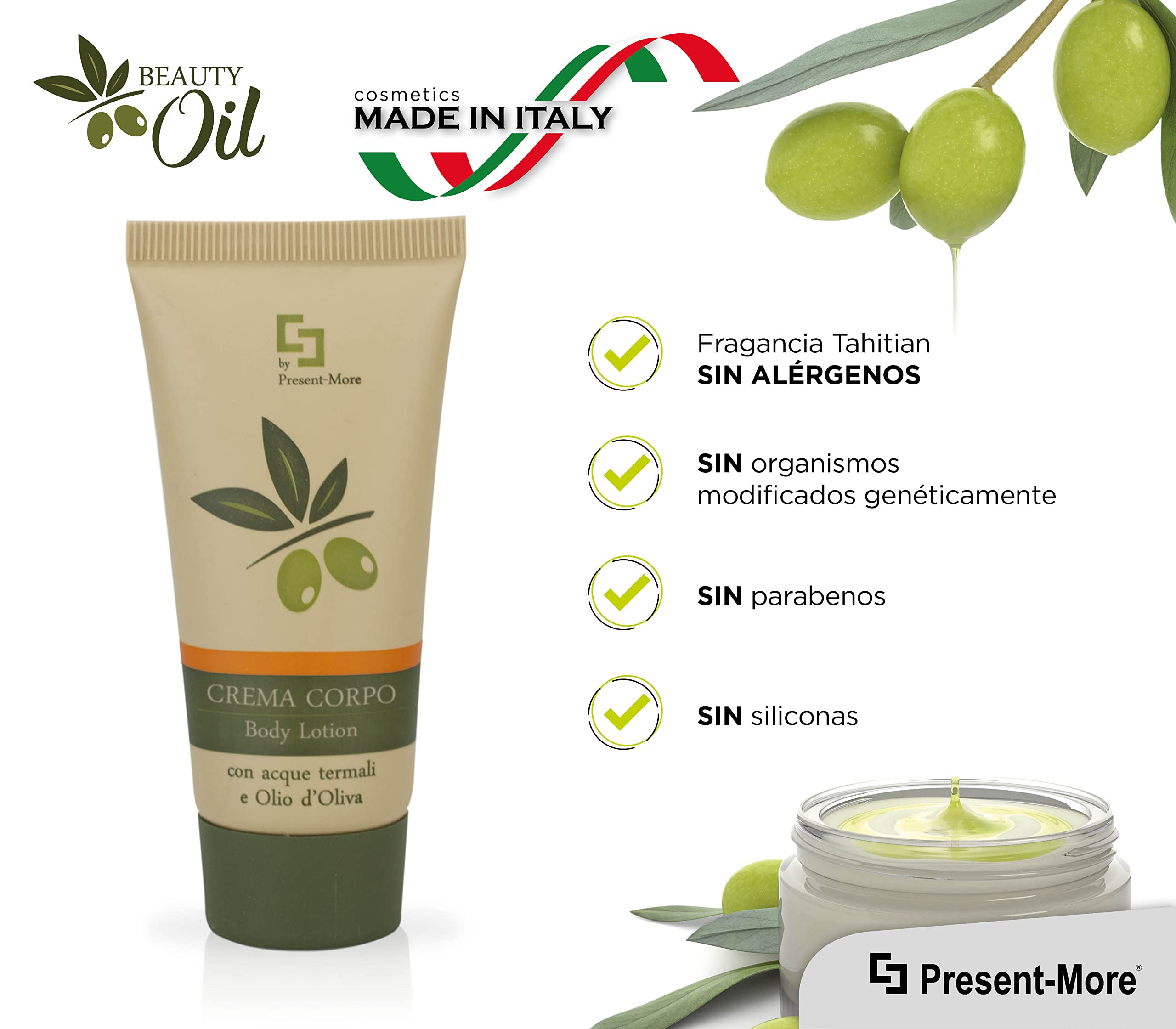 Present-More Crema corporal 30ml Beauty Oil - Crema cuerpo 150 unidades para Hoteles y B&B | Crema cuerpo sin alérgenos con fragancia Tahitian