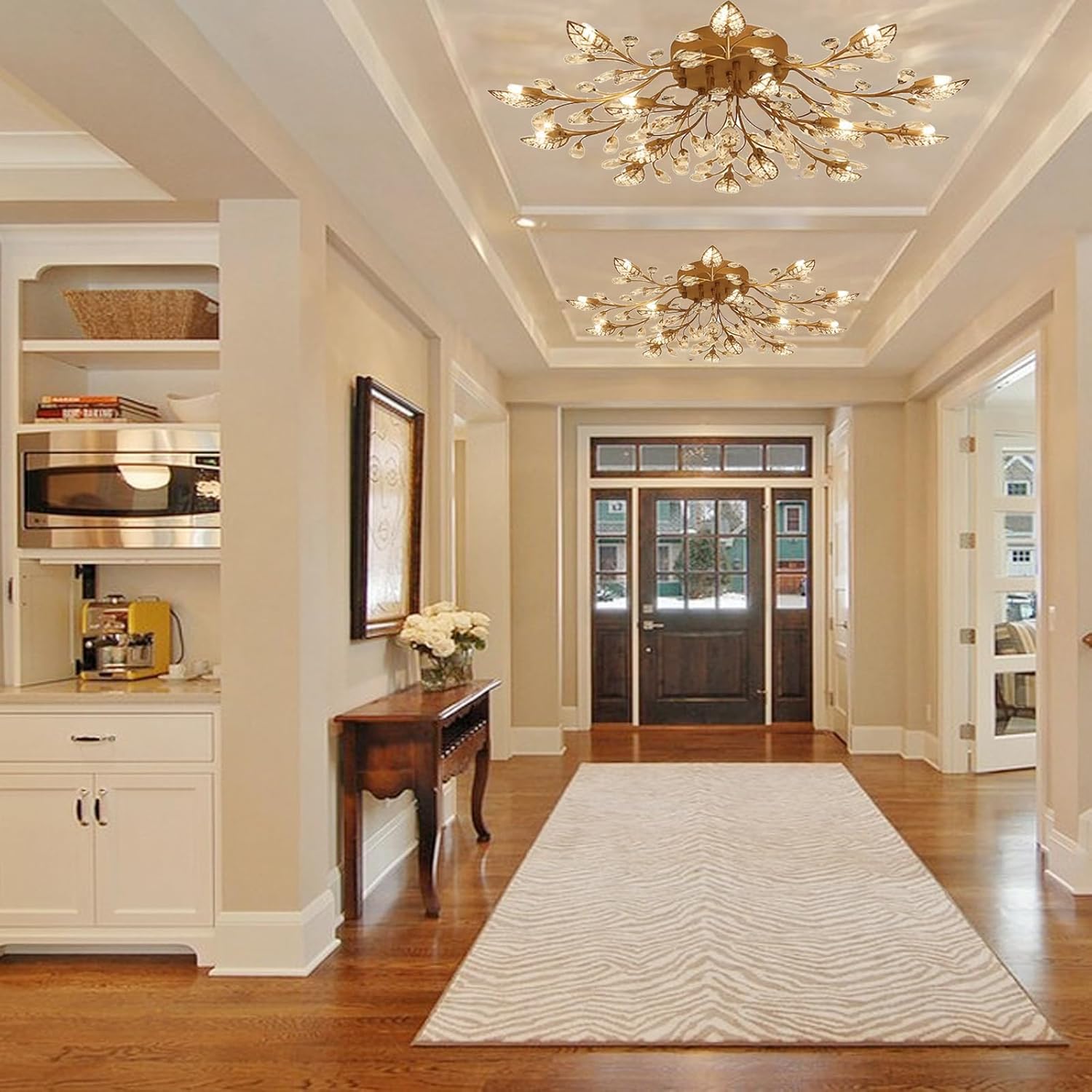 Modern Crystal Ceiling Light Fixture,Gold Semi Flush Mount Chandeliers,Crystal Leaf Ceiling Lighting,Pendent Lamp for Dining Room,Living Room,Bedroom