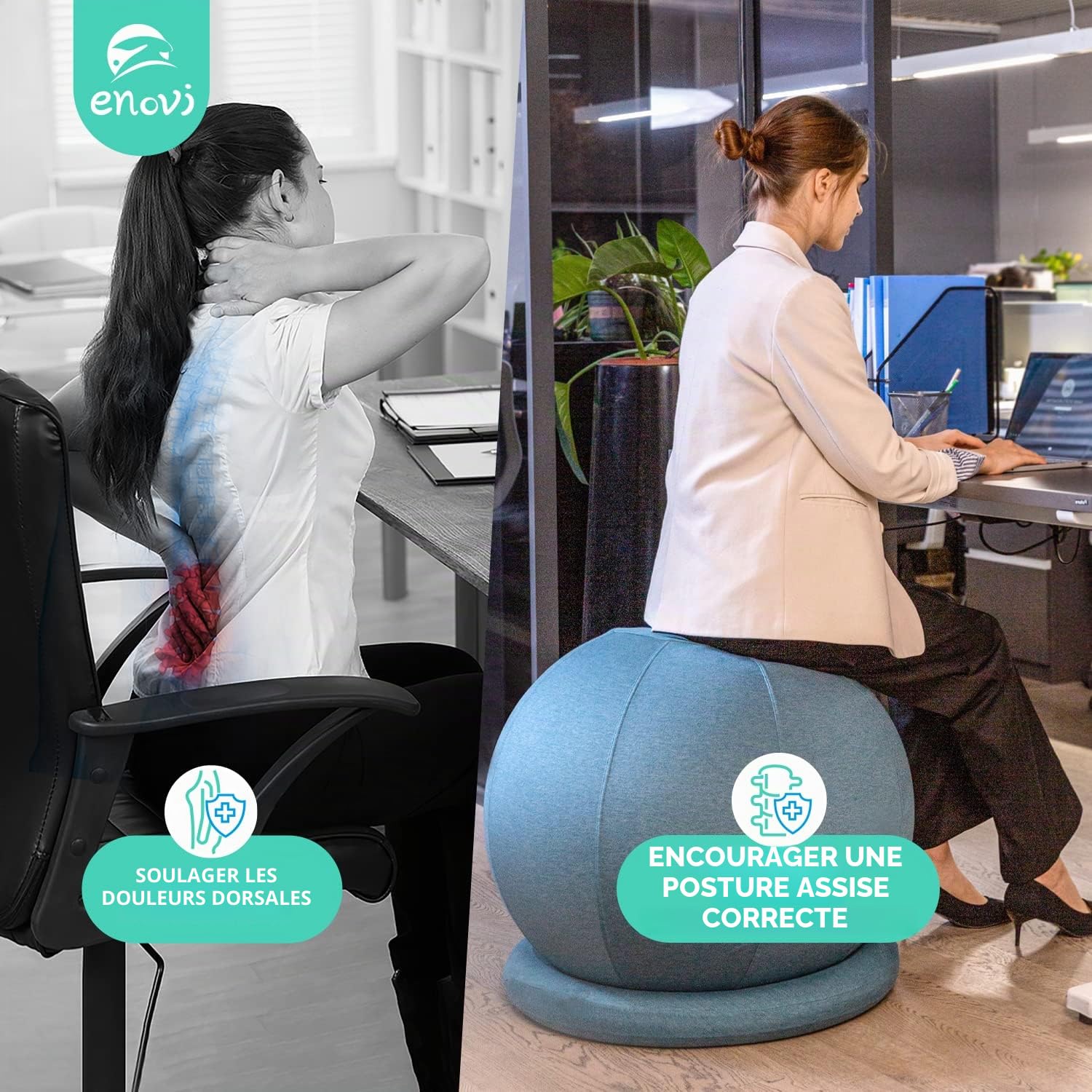 ProBalanceΩ Chaise ballon de yoga avec housse confortable et base de stabilité pour bureau et maison, siège de ballon pour soulager les douleurs dorsales, 75 cm, AB