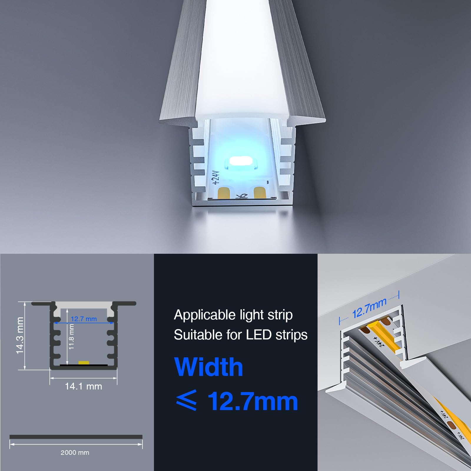 Profil LED 10 × 2 m (20 m), profil aluminiowy LED w kształcie litery U z osłoną, zaślepkami i klipsami montażowymi do taśm LED, dł. 2000 x 22 x 14,27 mm