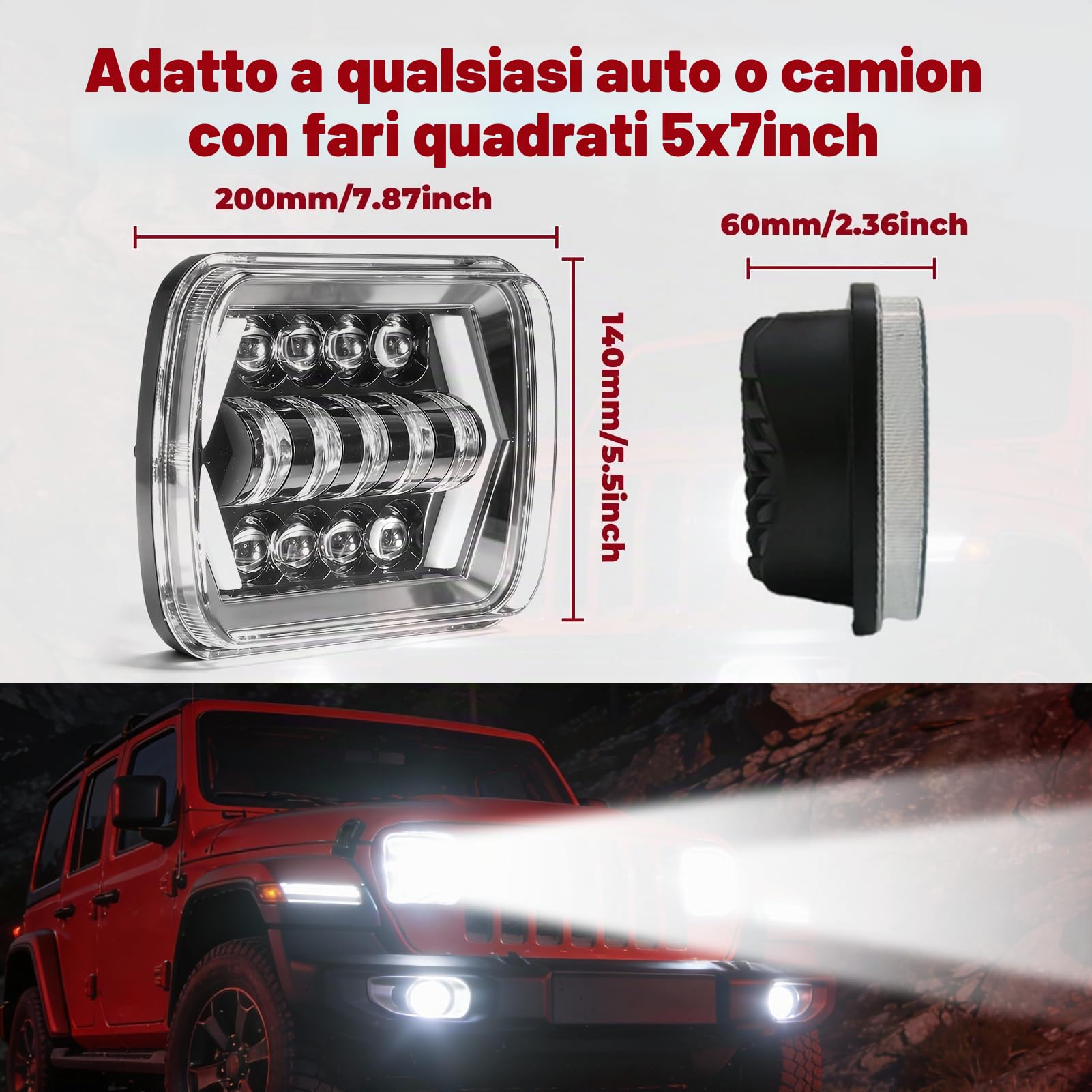 Faro da 5x7 Pollici Faro Quadrato a Luce Abbagliante E Anabbagliante Faro Per Veicolo Faro Automatico con Luce di Svolta LED Adatto Per Veicolo Jep