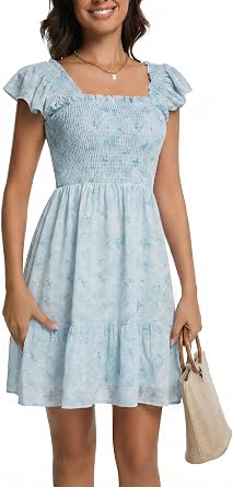 Womens Summer Short Sleeve Casual Dresses V-Neck Floral Party Dress with Pockets