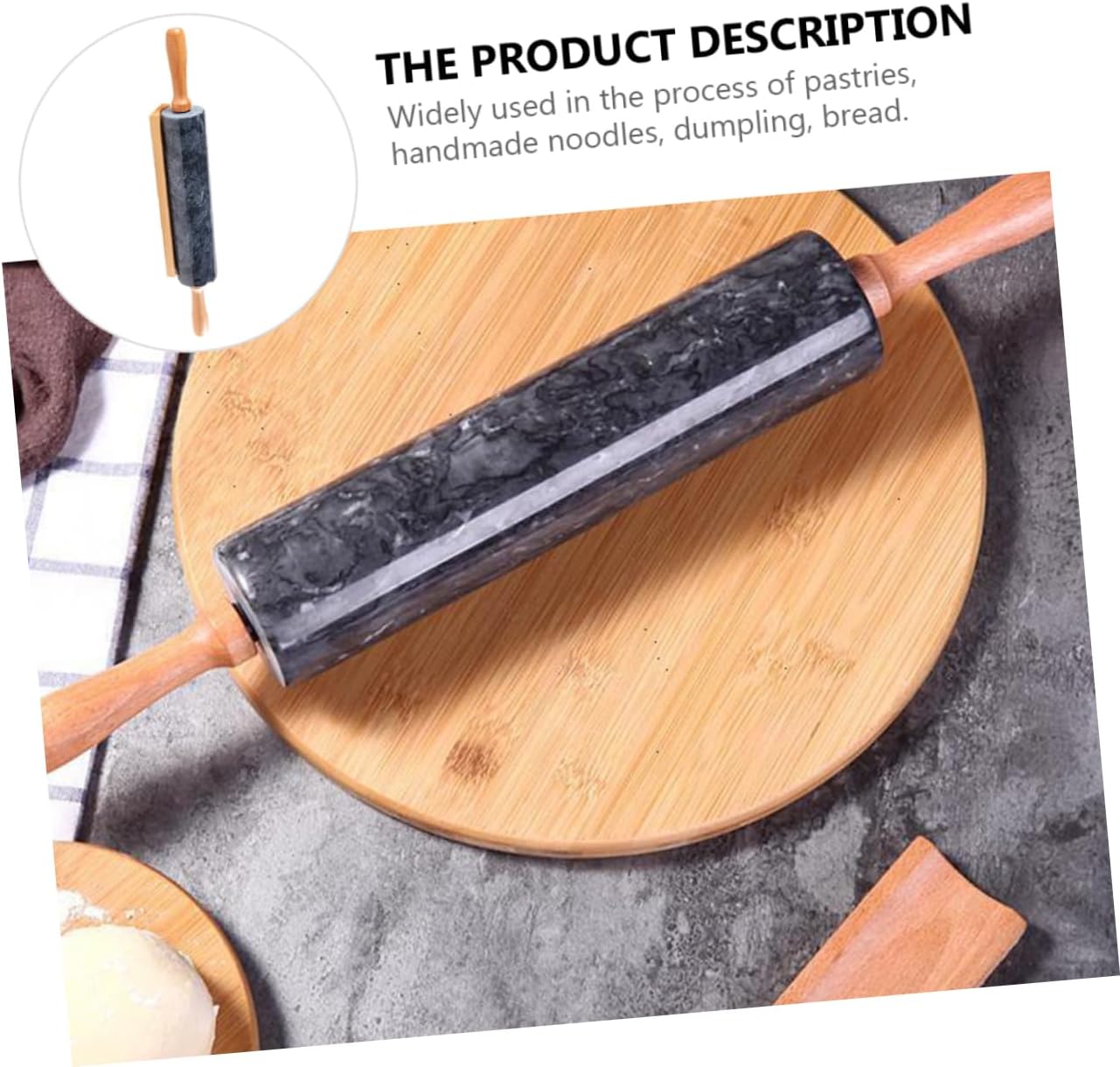 OUNONA Marble Rolling Pin Pastry Roller Wooden Handle Rolling Stick Dough Roller