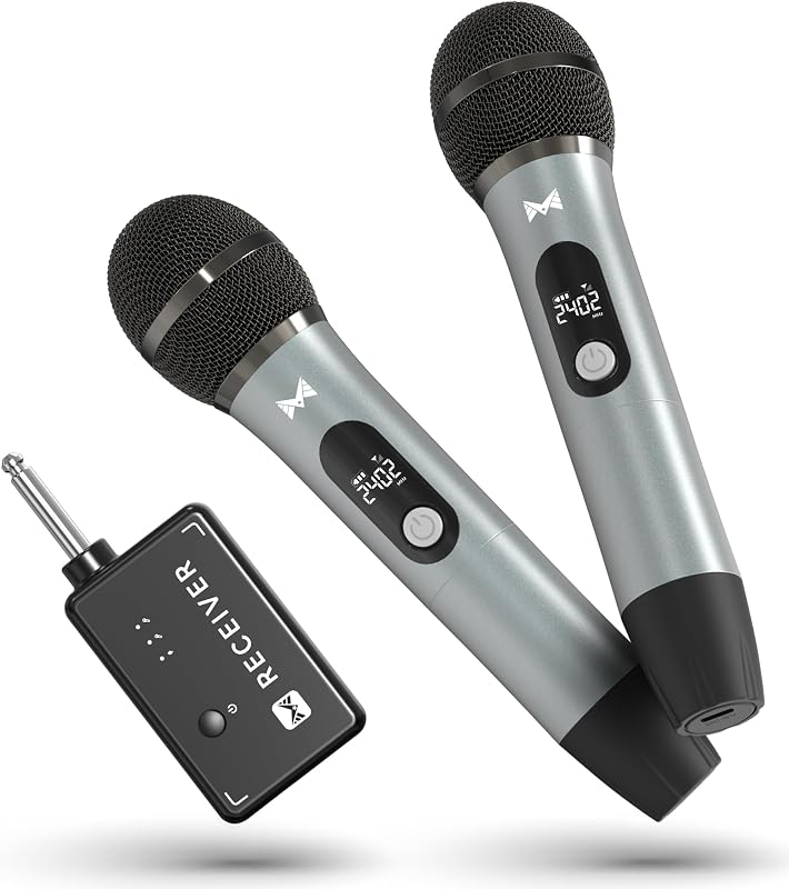 Micrófonos inalámbricos para máquina de karaoke, 2 micrófonos dinámicos de metal recargables con receptor, alcance inalámbrico estable de 200 pies, duración de la batería de 40 horas, Plug and Play para parlante PA, amplificador, iglesia, fiesta
