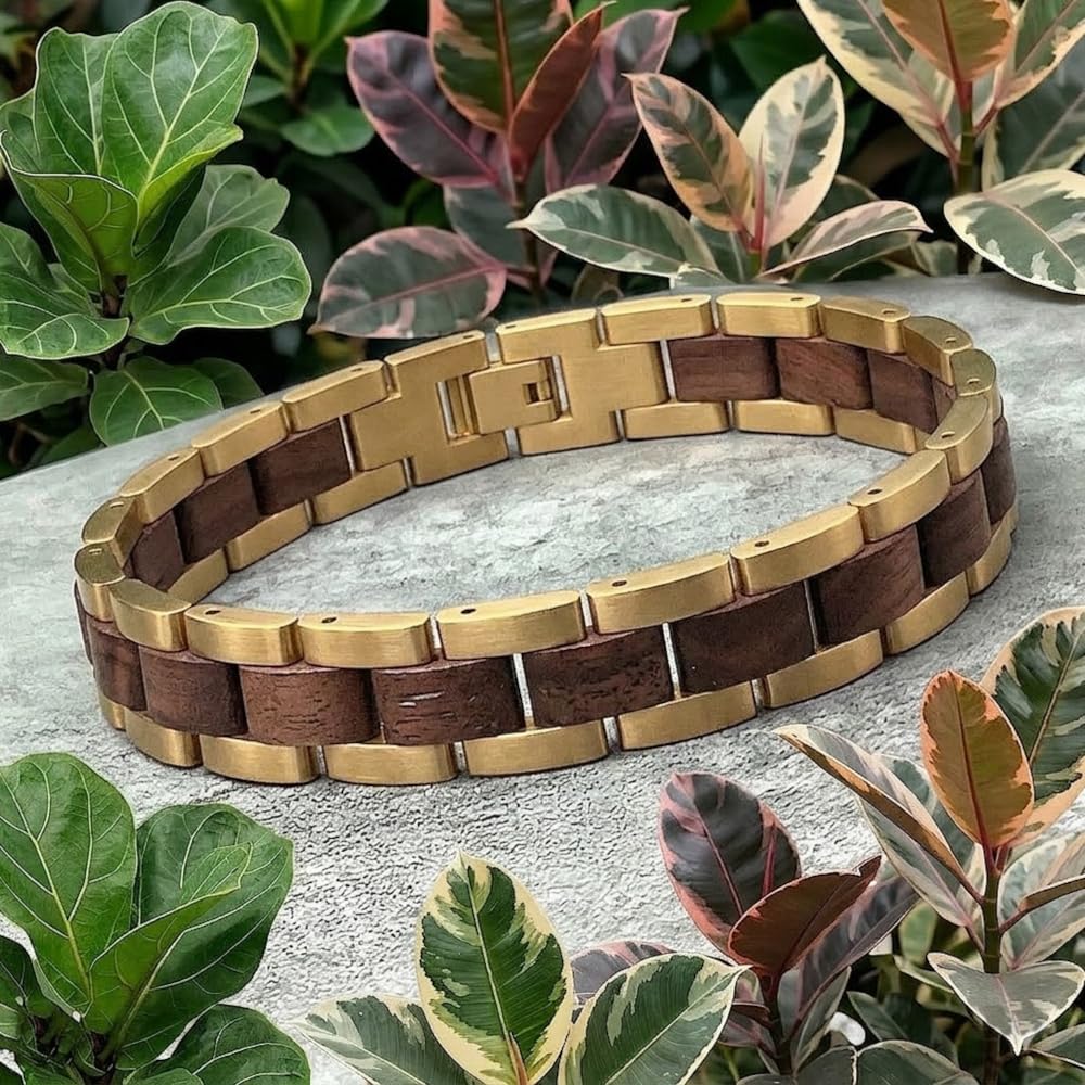 Holzwerk - Bracciale in legno naturale per uomo e donna, in legno, da uomo, colore marrone e oro, regolabile, con brevi e scatola di immagazzinaggio
