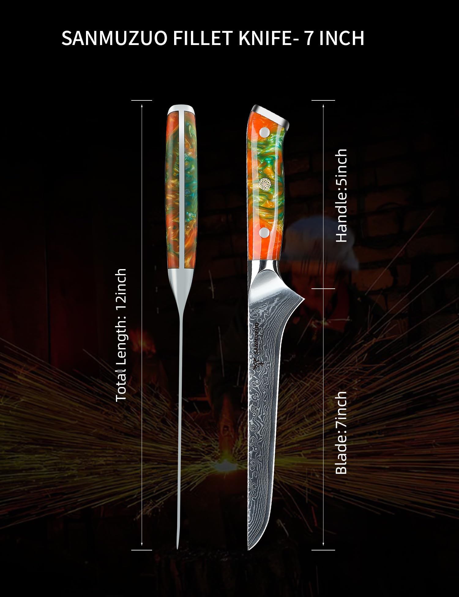 Couteau à Filet de poisson 18 cm, Couteaux de Cuisinede Chef Japonais Couteau à désosser - Acier de Damas et Manche en Résine - Série Xuan(Orange Fantastique)