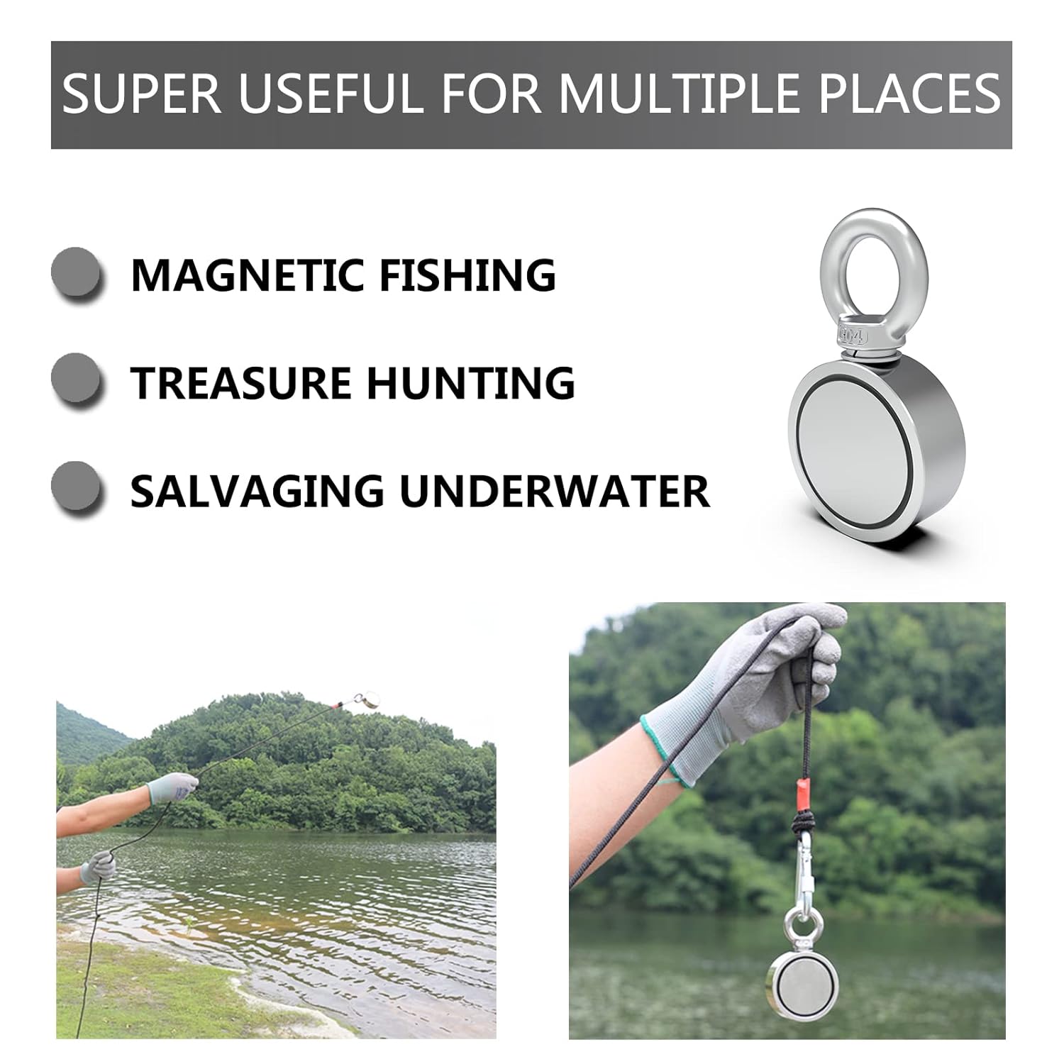Double Sided Neodymium Magnet Fishing Kit with 480lbs Strength and Eyebolt for River Lake Hunting Indoor Outdoor (1.8in Dia)
