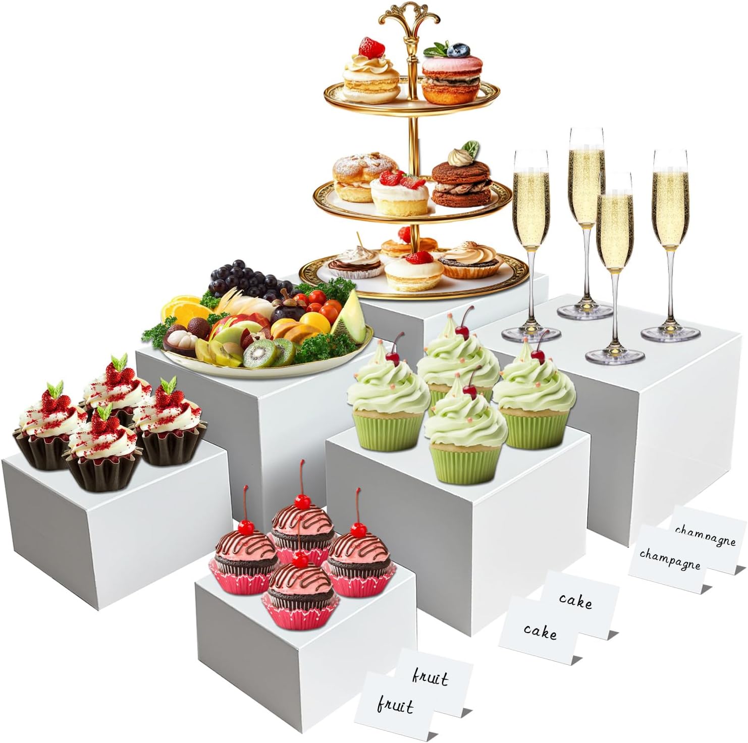 6 pcs white Acrylic Buffet Risers ，Buffet Risers Set，Mini Acrylic Signs，Nested riser with hollow bottom，Display stands for parties, restaurants, jewelry and collectibles (white, 6 pcs 3in to 8in)