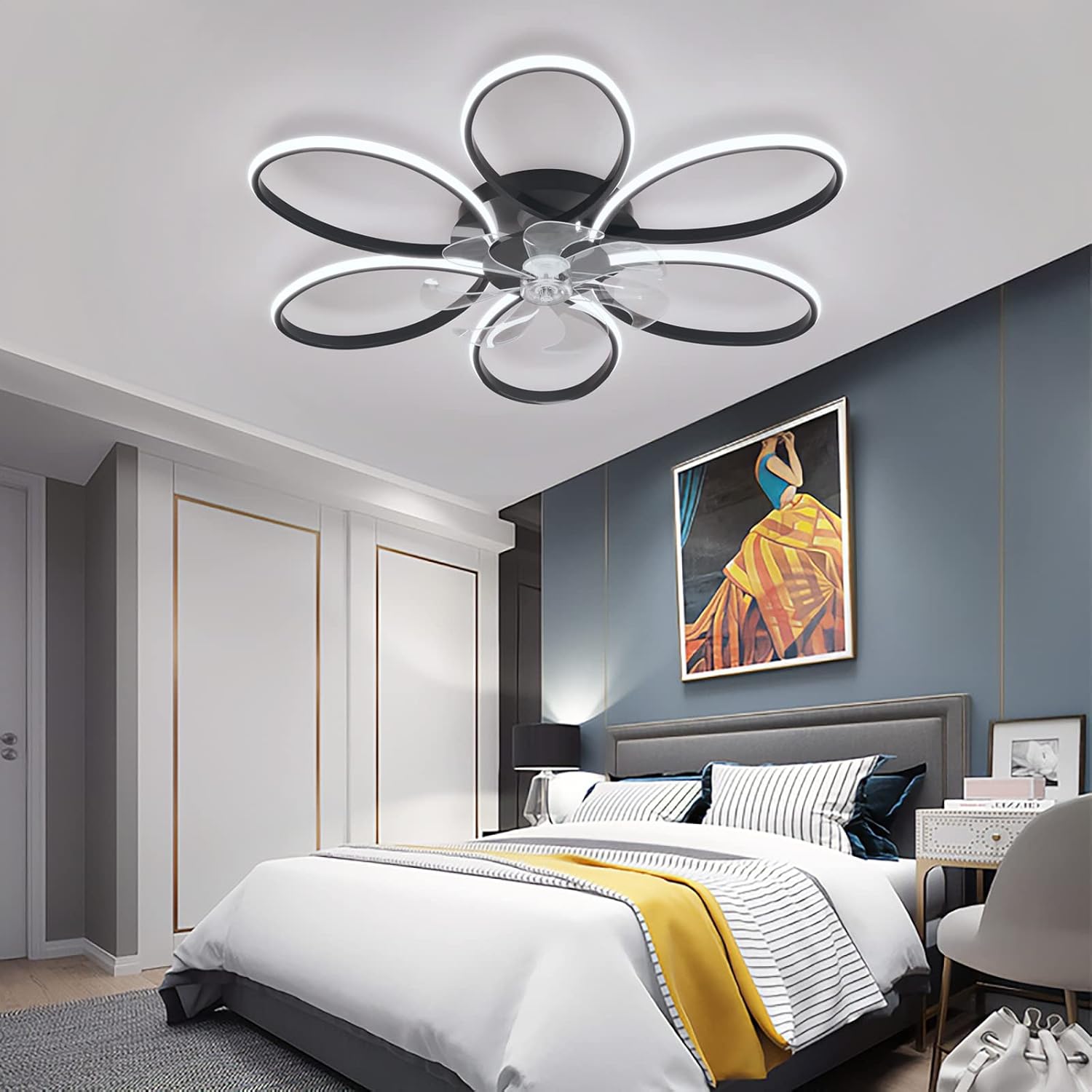 YUEGOO Ceiling Fans with Lamps,Remote App Control Flower Reversible Chandeliers with Fan Quiet Dimmable Timer 6 Speed Ceiling Fan with Led Lamp for Bedroom Living Room Dining Room/Black