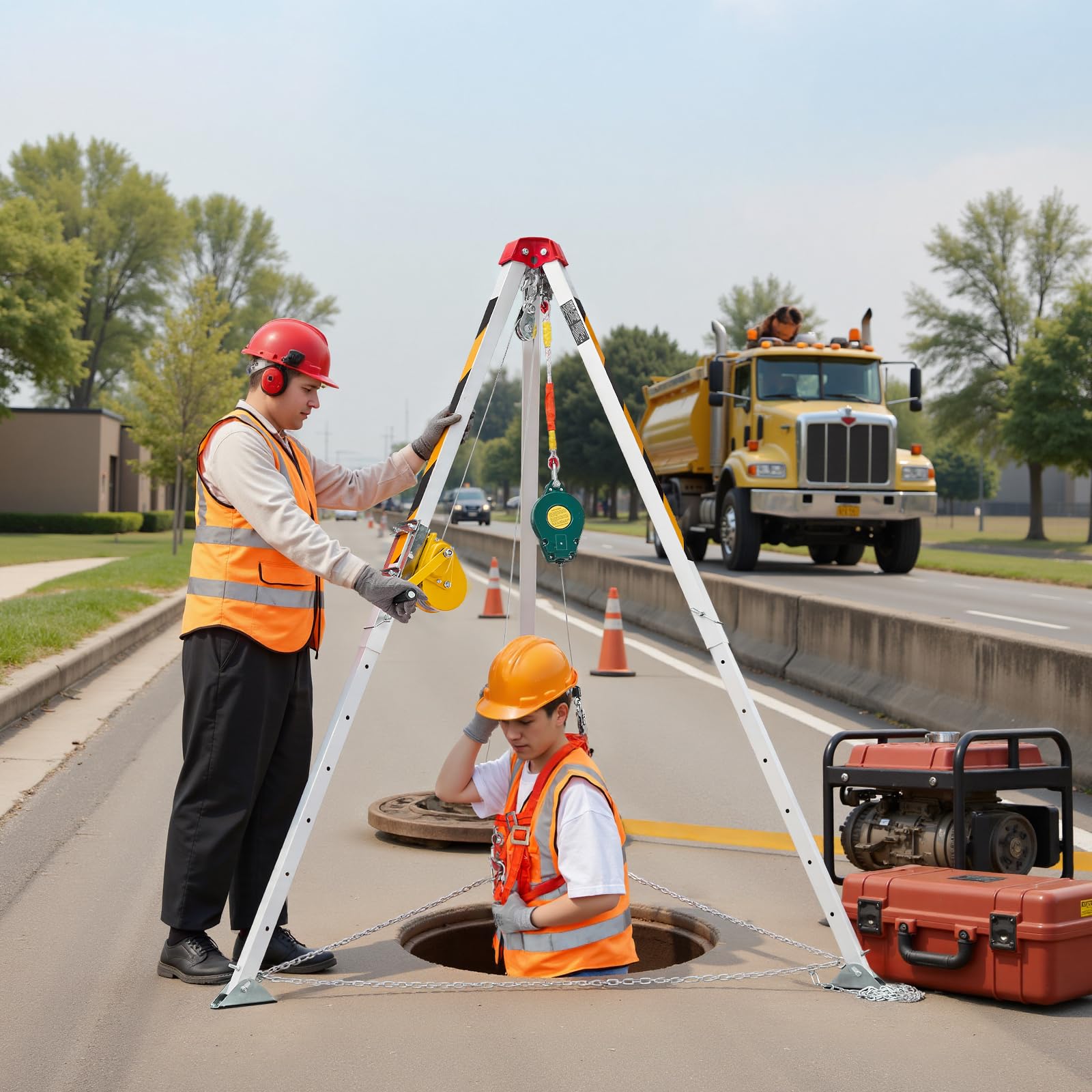 VEVOR Kit Treppiede per Spazi Confinati, Paranco di Sollevamento per Treppiede di Salvataggio per Impieghi Gravosi, Verricello da 544 kg, Lunghezza Gambe Regolabili da 1,34 a 2,15 m, Cavo da 30 m