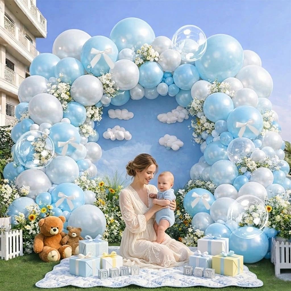 Blue White Balloon Garland Double Stuffed Light Baby Blue Balloons White Bow Bobo Pearl Balloon Arch Kit for Wedding Birthday Baby Shower Winter Princess Party Decorations