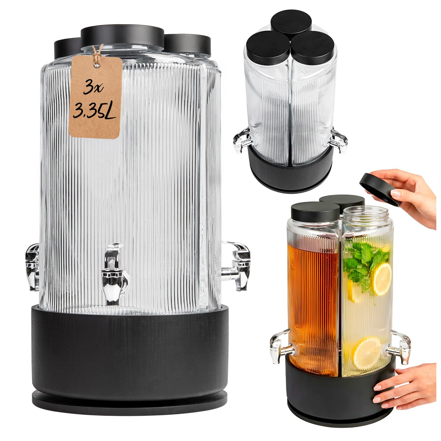 Juego de 3 dispensadores de bebidas de 3,35 L con soporte de metal y grifo (3 x 3,5 L, grifo de acero negro)