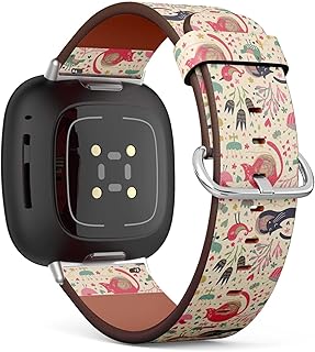 CJBROES Replacement Leather Watch Band, Compatible with Fitbit Versa 3 and Fitbit Sense of Wristband Bracelet Accessory - Cartoon Cats Birds Butterflies