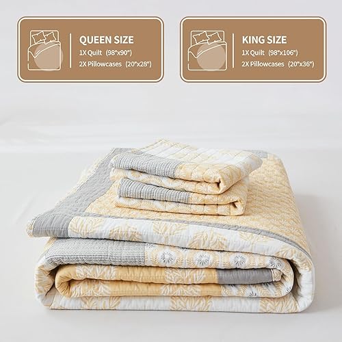 Miniatura 5 de KALOOLA Juego de ropa de cama tamaño Queen 100% algodón, edredón de retazos florales amarillos y grises, colcha ligera reversible para cama Queen,