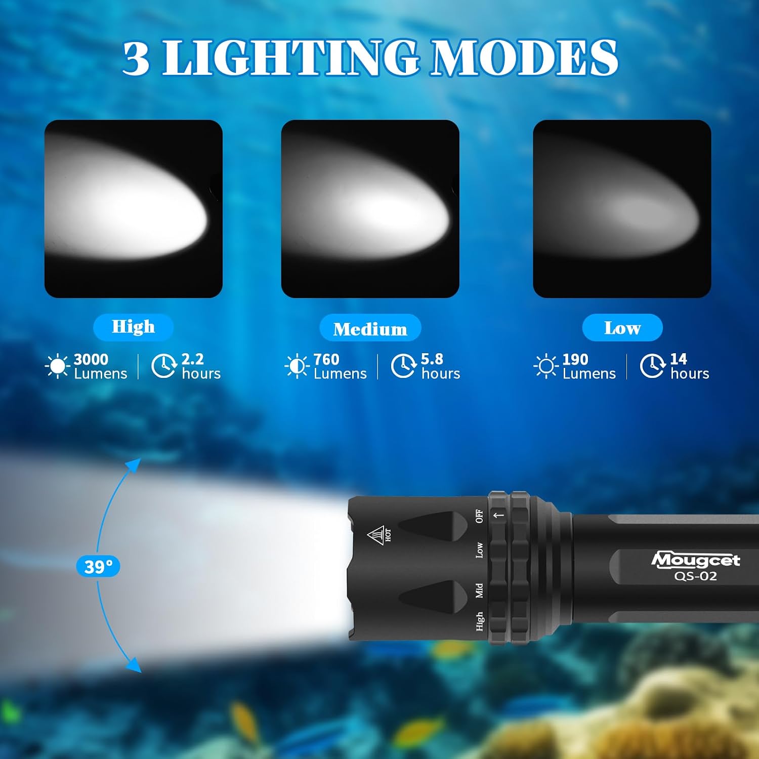 Dive Light 3000 Lumens Scuba Diving Flashlight, IPX8 Waterproof 262ft Underwater Flashlight with 3 Modes, Rechargeable Diving Light for Night Diving Cave Snorkeling