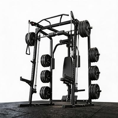 Smith Machine Home Gym System, 2000LBS Heavy Duty Power Cage Squat Rack with Dual Cable Crossover & LAT Pulldown Machine, All-in-One Strength Training Equipment with Linear Bearings, 8 Storage Pegs