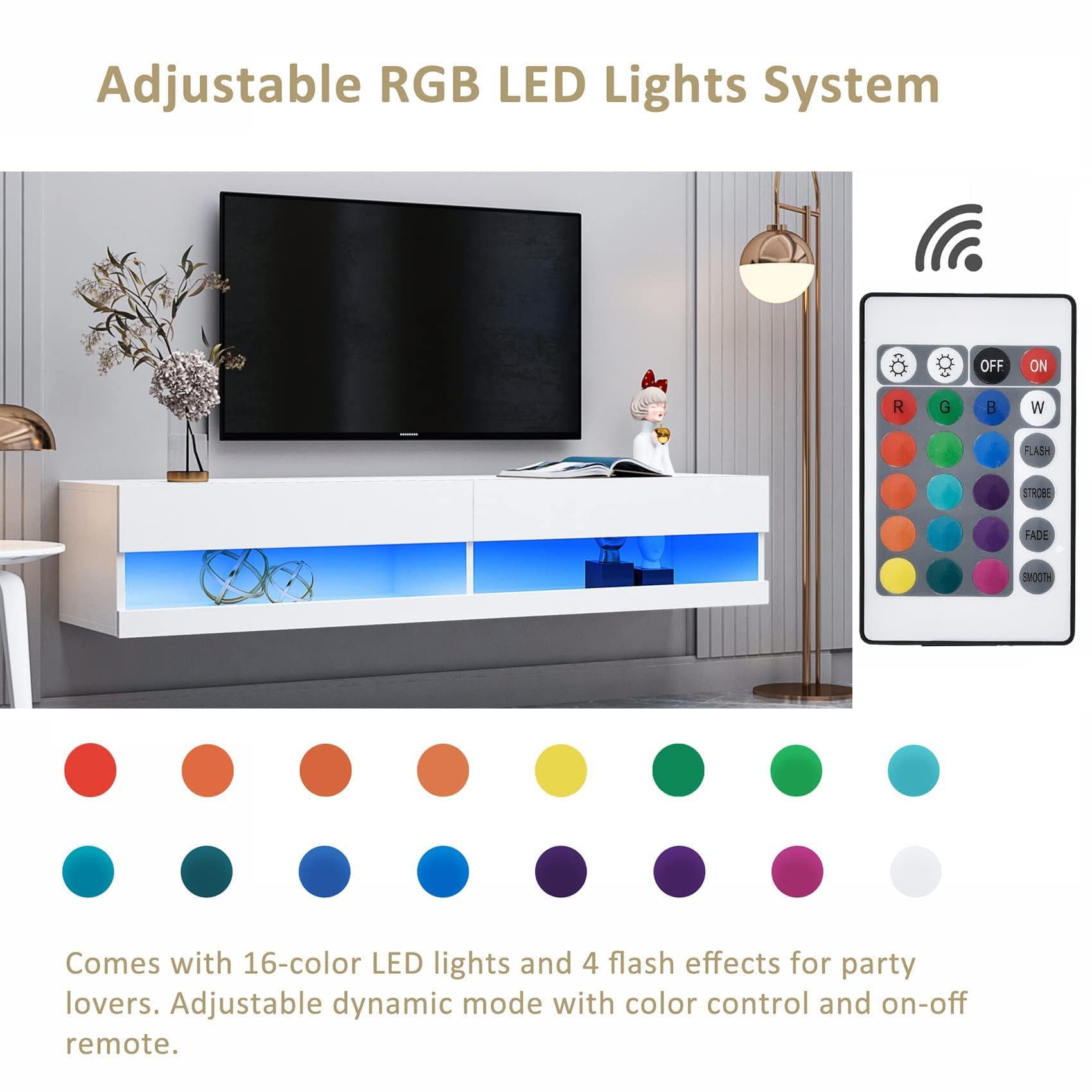 Soporte flotante para TV montado en la pared con toma de corriente, moderno centro de entretenimiento flotante para TV de 80 pulgadas, estante flotante de alto brillo con luces LED para sala de estar