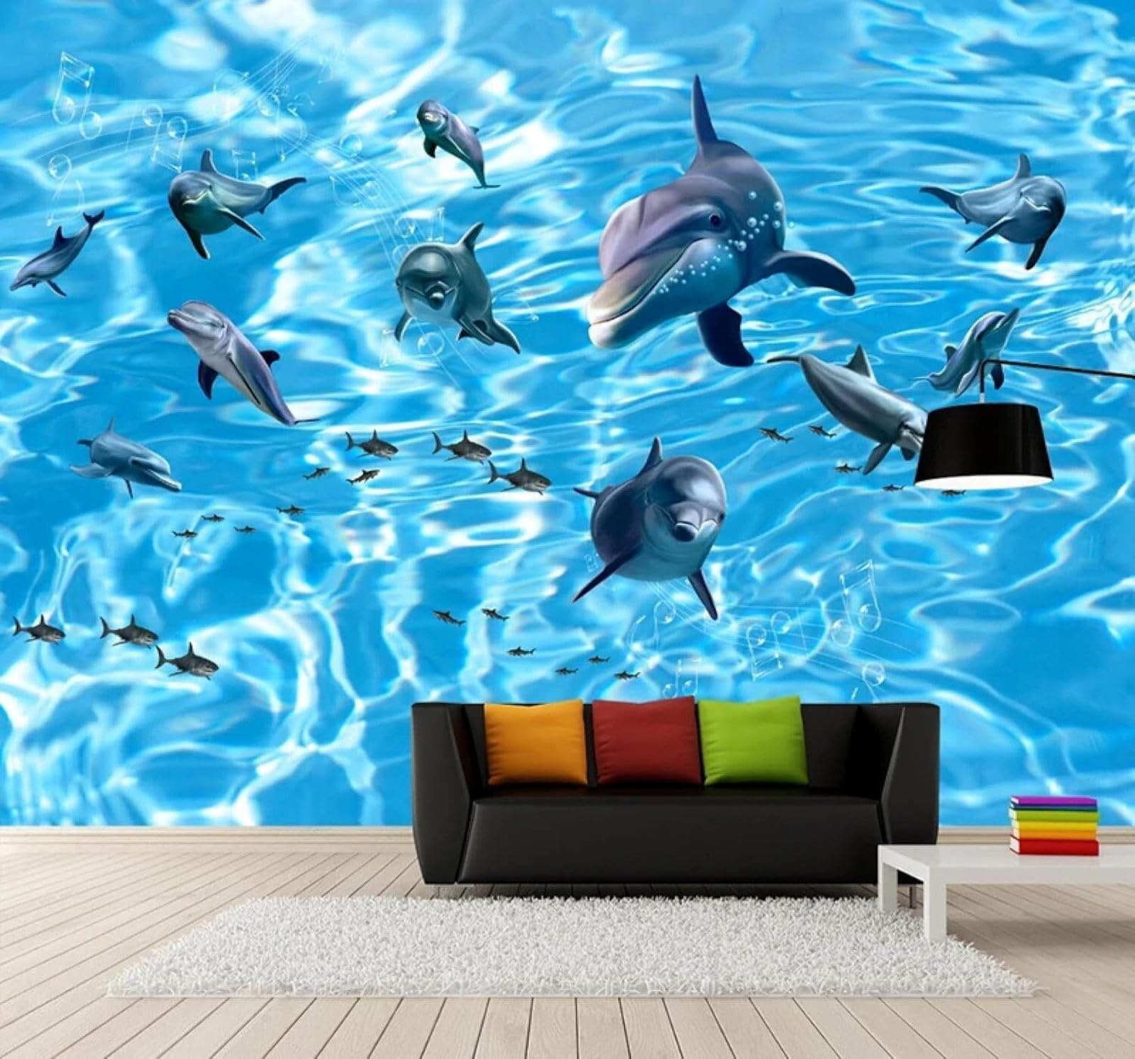 XLMING Large Blue Ocean Dolphins Musical Notes 3D Wallpaper Luxury Home Dining Decor Paste Sofa Living Room The Wall for Bedroom Mural-350cm×256cm