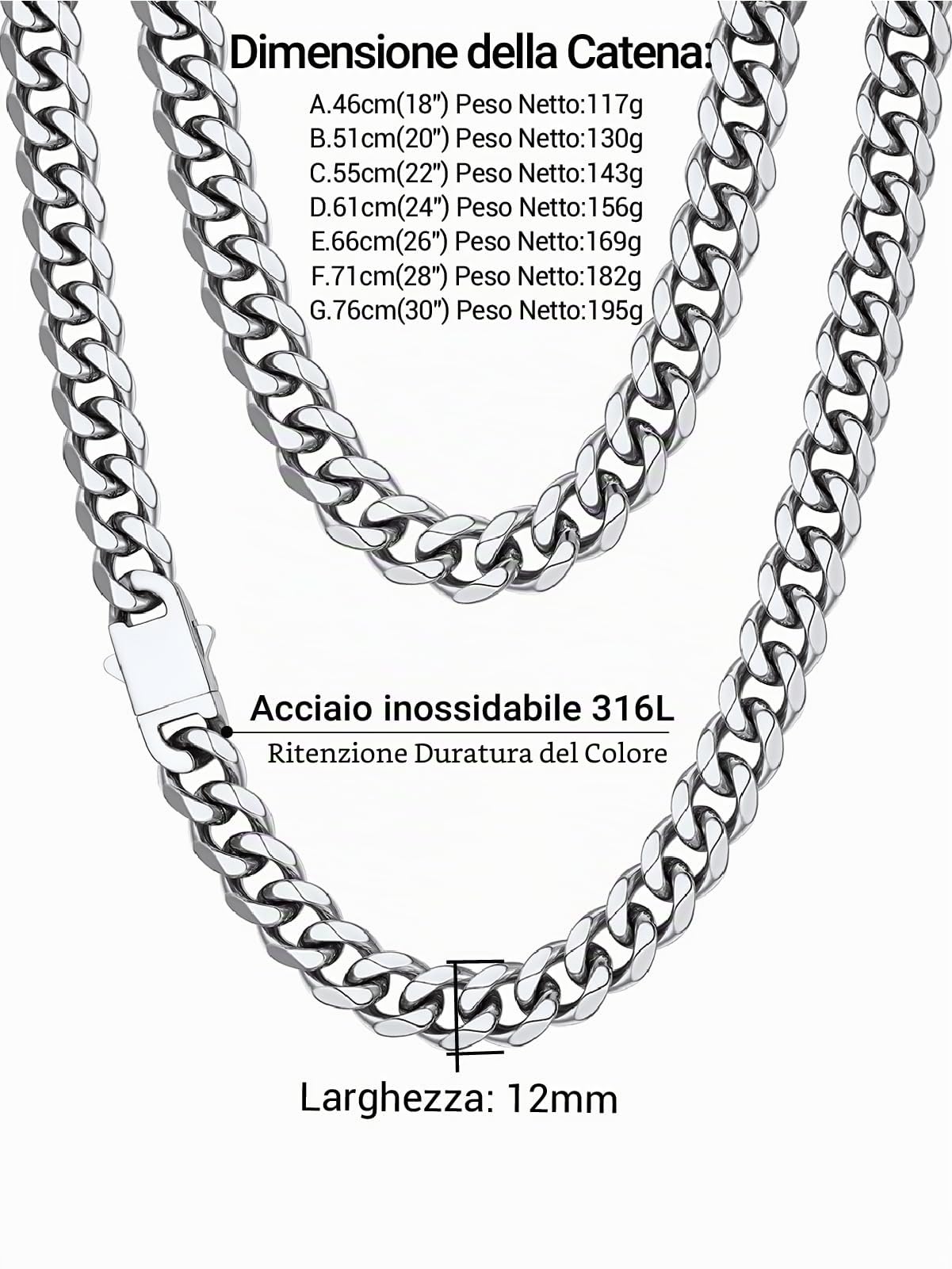 PROSTEEL Collana Argento Uomo， Catena Cubana Miami, 6/9/12MM Larghezza Collane Uomo Acciaio Inox, Impermeabile, Regalo Compleanno, 45-75CM, Punk Hiphop