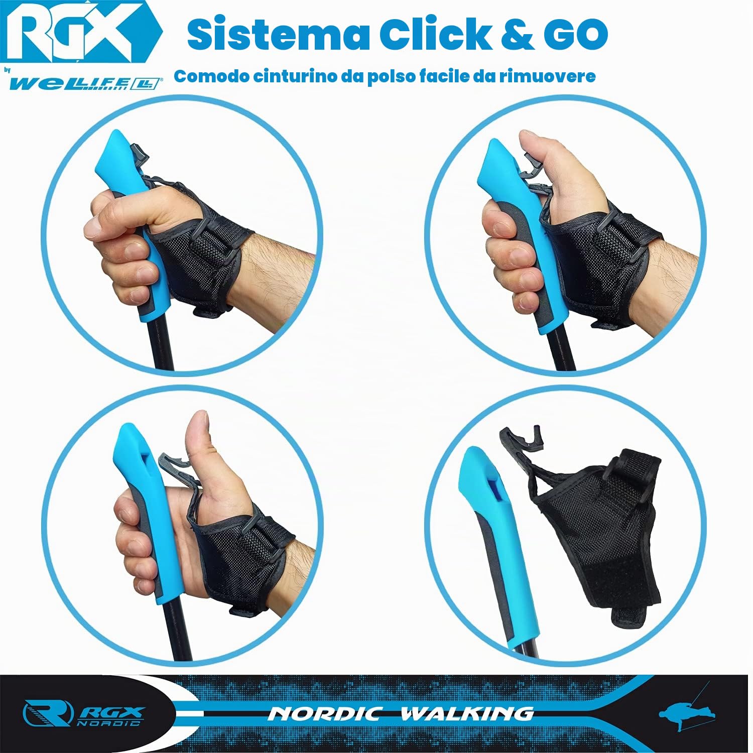 WeLLIFE |Bastoncini Nordic Walking in Alluminio| Polsino con Sgancio Rapido CLICK and GO per Nordic Walking, Escursionismo e Trekking