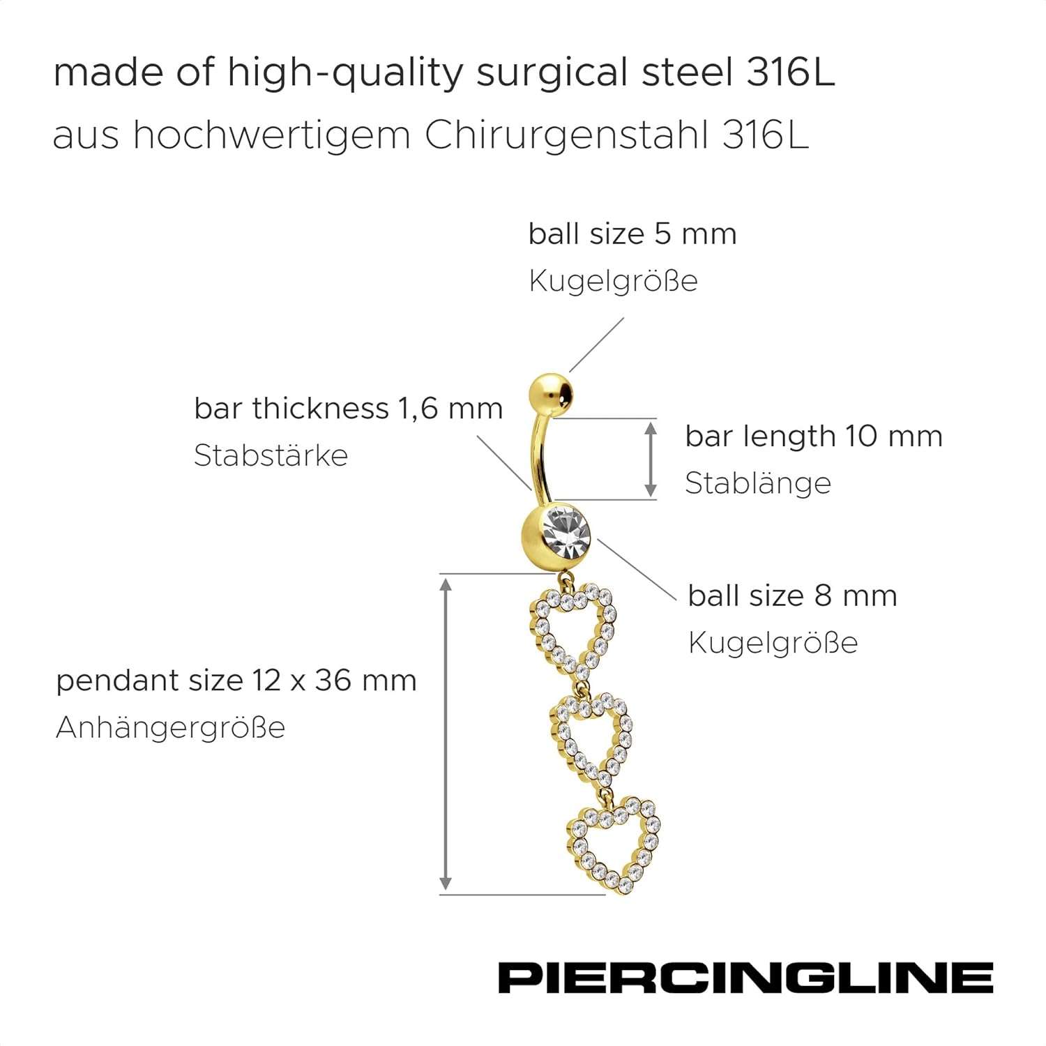 PIERCINGLINE Surgical Steel Belly Button Ring 3 Crystal Hearts - Belly Piercing Navel Piercing Jewelry in 3 stylish colors