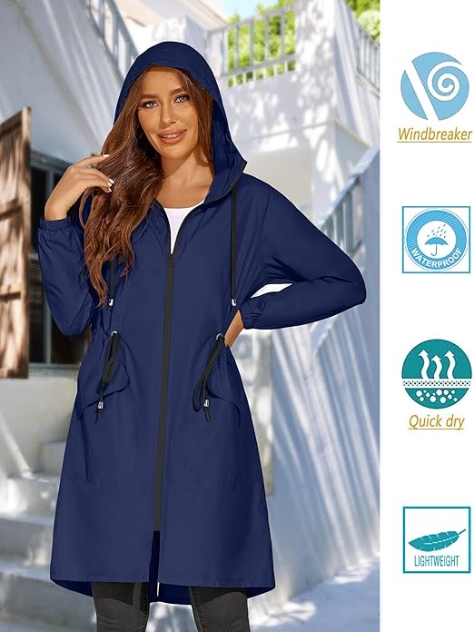 Veste De Pluie Longue Imperméable Pour Femme Avec Capuche, Fermeture éclair, Coupe-vent, Respirante, Coupe-vent, Graphique, Légère, En Coton Anorak, Blanc, XS